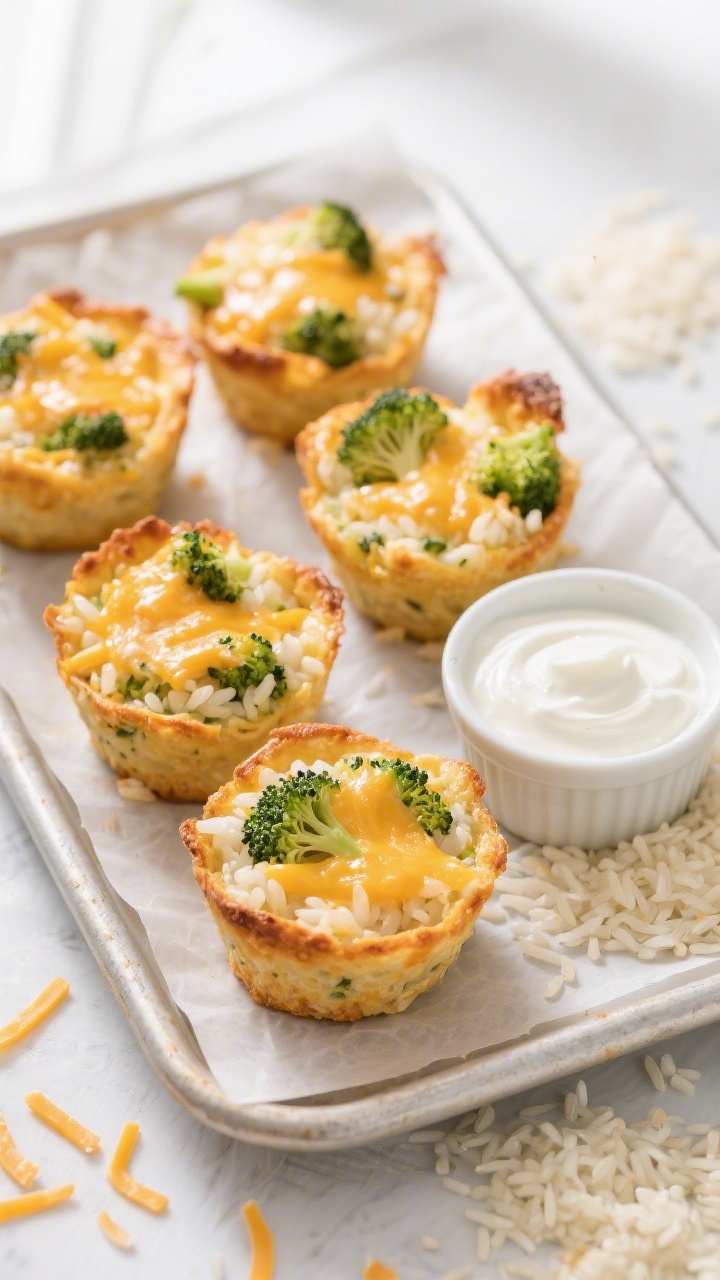 Overhead shot of golden-brown cheesy broccoli rice cups just out of a muffin tin, with visible flecks of finely chopped broccoli, melted mild cheddar on top, and a tender rice texture; a small ramekin of plain yogurt or sour cream for dipping on the side, scattered cooked rice grains and a sprinkle of shredded cheese around for context; styled on a light baking sheet with parchment, bright kid-friendly vibe, soft natural window light, crisp focus and shallow depth to emphasize the cheesy crusts.