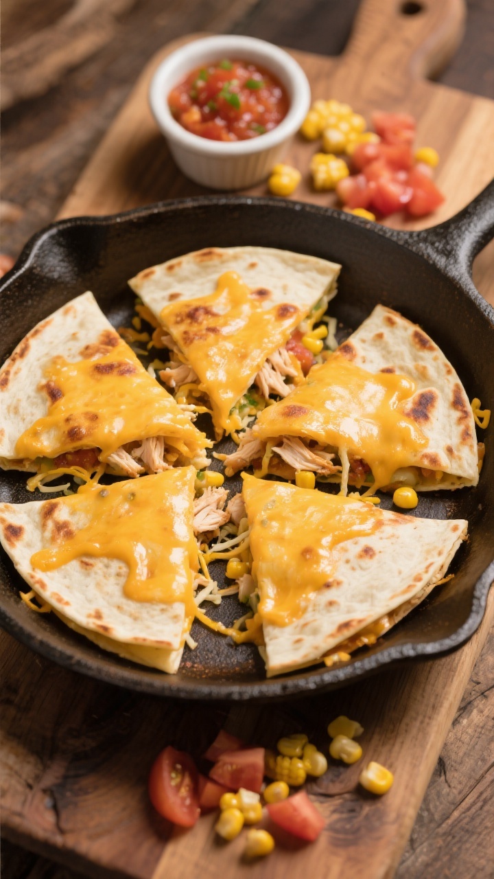 Overhead shot of golden-brown cheesy chicken quesadilla pockets on a warm cast-iron skillet, triangles oozing shredded cheddar/Mexican blend with visible strands of melted cheese, bits of shredded rotisserie chicken, mild salsa, and sweet corn kernels peeking from the edges; a small ramekin of mild salsa and a scattering of extra corn and drained diced tomato pieces on a rustic wooden board; warm, kid-friendly mood, crisped tortillas with light char, professional soft side lighting, no people.