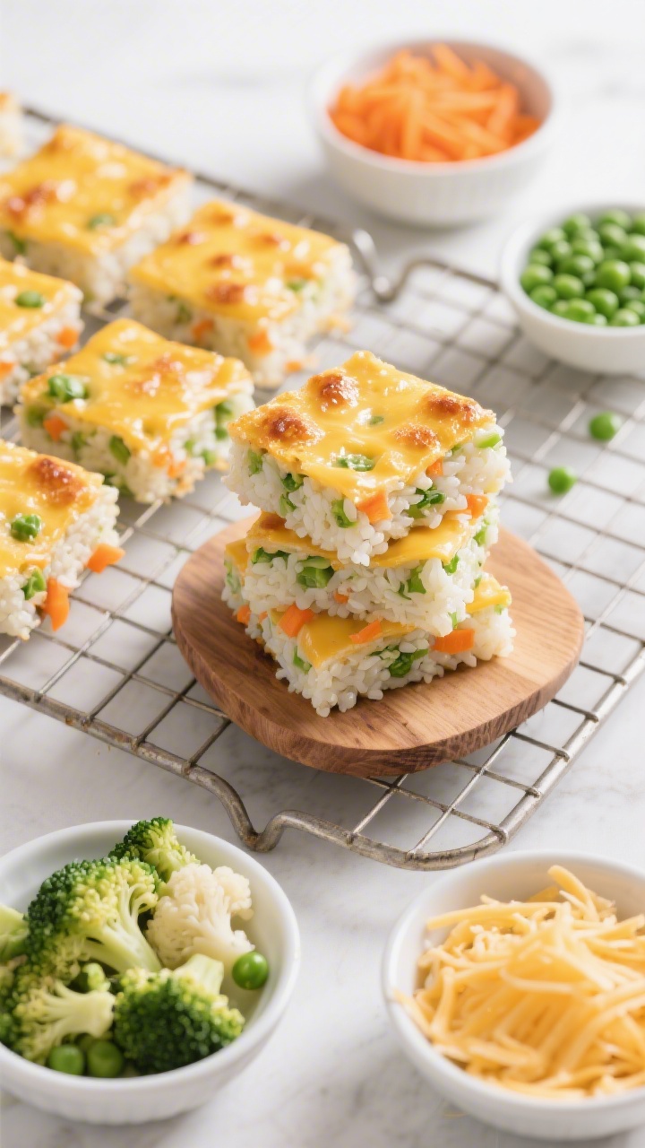 Overhead shot of Hidden-Veggie Cheesy Rice Squares cooling on a wire rack: neatly cut squares made from sticky short-grain rice, finely chopped steamed broccoli or cauliflower, finely grated carrot, thawed peas, and melted cheese (visible as golden, bubbly tops). A few squares stacked on a small wooden board to show firm, non-crumbly edges; specks of orange carrot and green peas visible throughout. Include small bowls holding the chopped broccoli/cauliflower, grated carrot, peas, and shredded cheese off to the side; bright, clean light for kid-friendly appeal.