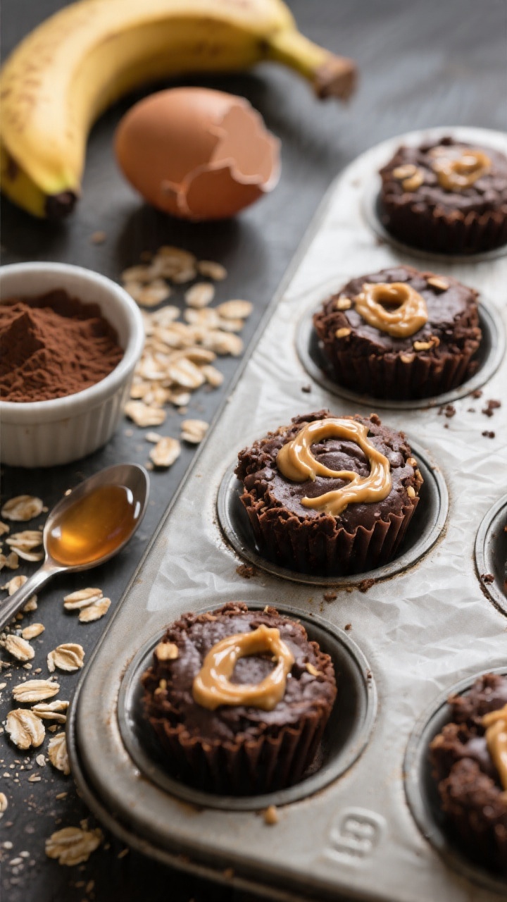 Overhead shot of mini banana-oat blender brownie bites cooling on a parchment-lined muffin tin, rich dark cocoa crumb with glossy almond butter swirl on top; scattered rolled oats, a peeled ripe banana, a small bowl of cocoa powder, a spoon drizzled with maple syrup, and a cracked egg beside a ramekin of flax meal hinting at the flax-egg option; warm, moody lighting, shallow depth to emphasize fudgy texture and oat flecks, no people.