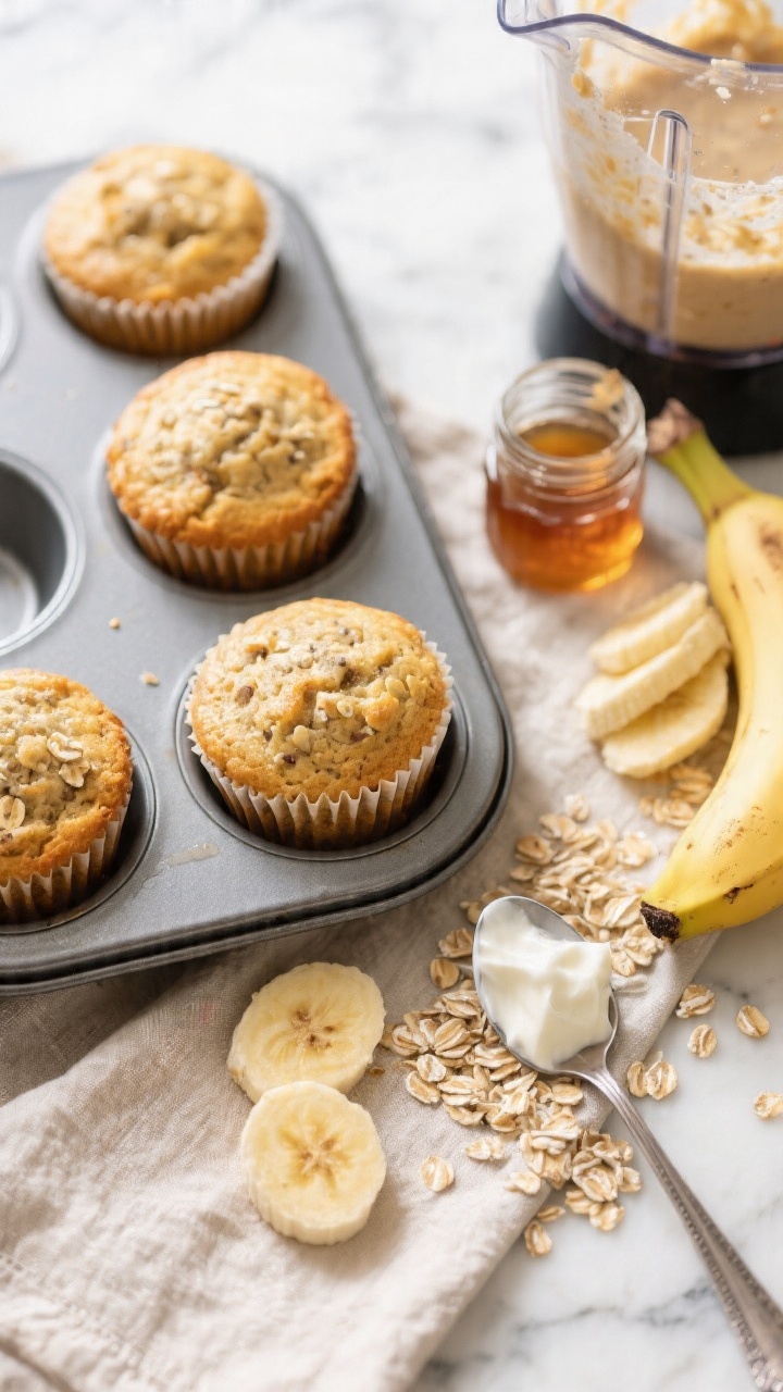 Overhead shot of mini banana oat blender muffins just out of a mini muffin tin: golden, slightly domed tops with visible oat flecks, a few sliced ripe bananas and a small jar of maple syrup on the side, rolled oats scattered on a light linen, a spoonful of plain Greek yogurt nearby; show a blender jar with batter remnants to emphasize the blender method; warm, natural morning light on a marble surface, crisp focus and shallow depth on the muffins, no people.