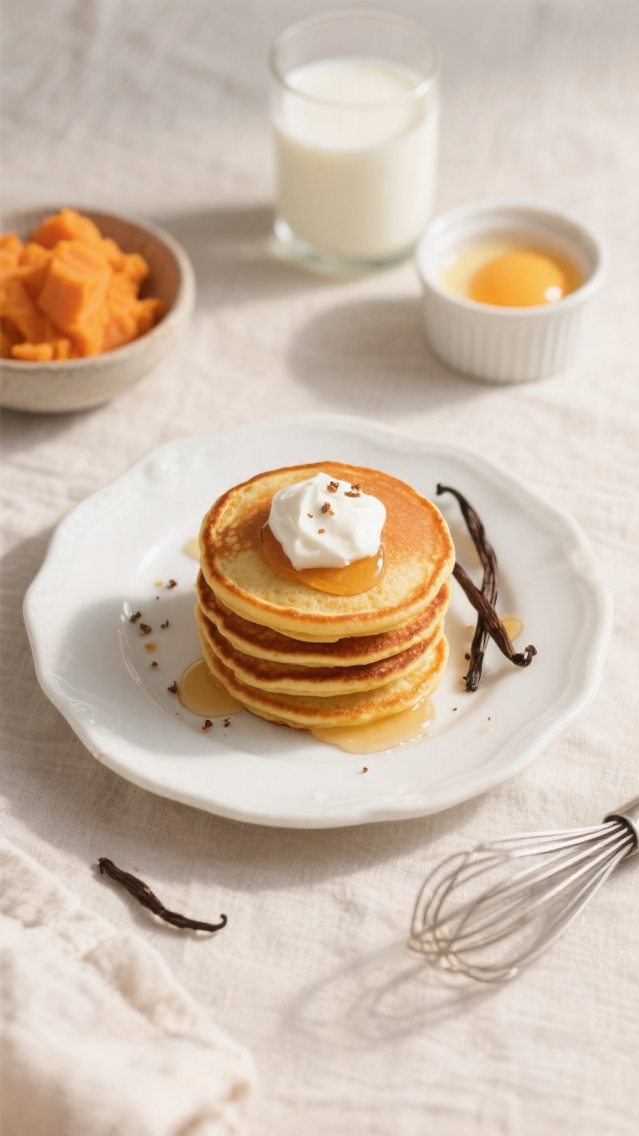 Overhead shot of mini creamy sweet potato pancakes stacked on a toddler-size white plate, golden edges with soft orange interiors, topped with a dollop of whole-milk yogurt and a light drizzle of maple syrup, scattered with a few vanilla bean specks; surrounding props show a small bowl of mashed cooked sweet potato, a glass of milk, and a whisked egg mixture in a ramekin; warm morning light, neutral linen, minimal crumbs, crisp focus on pillowy texture.