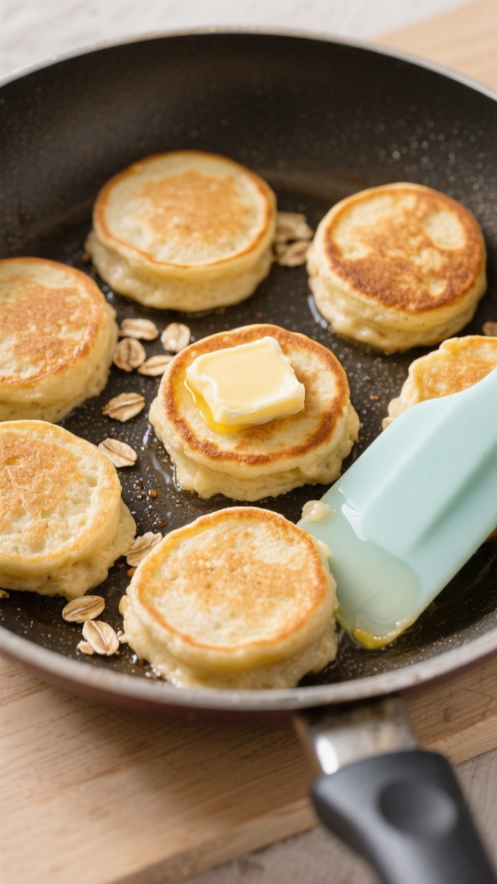 Overhead shot of mini fluffy banana oat pancake bites sizzling in a well-seasoned nonstick skillet, little rounds golden at the edges with a soft, puffed center; visible batter texture with mashed ripe banana, quick oats, egg, baking powder, and a hint of cinnamon; a small pat of butter melting in the pan, a silicone spatula nearby, styled on a light wooden surface for a clean, kid-friendly breakfast vibe.