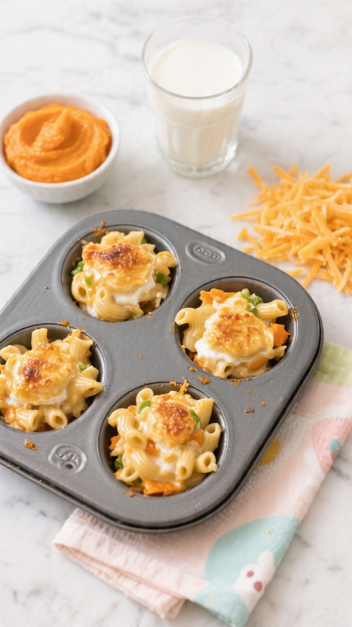Overhead shot of mini muffin tin filled with creamy veggie mac cups: small elbows coated in a glossy sauce made from butternut squash puree, milk, shredded mild cheddar, and a touch of cream cheese, lightly broiled tops just turning golden. Include a small bowl of bright orange squash/carrot puree, a glass of milk, and a pile of shredded cheddar on the side. Set on a light marble surface with a child-friendly pastel napkin; focus on ultra-creamy texture and hidden veggie hue peeking through the pasta.
