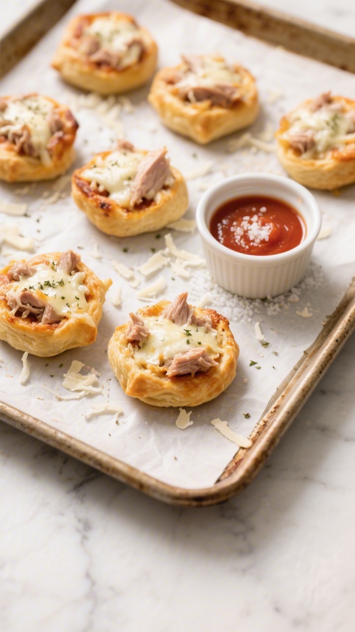 Overhead shot of mini turkey pizza puffs fresh from the oven on a parchment-lined sheet pan: golden, puffed bite-size rounds with visible melted shredded mozzarella, flecks of Italian seasoning, and finely chopped turkey on top; a small ramekin of warm marinara for dipping, a dusting of kosher salt, and a light scatter of grated mozzarella shreds around. Neutral marble surface, soft natural side light, shallow depth to emphasize bubbly cheese and crisp edges.