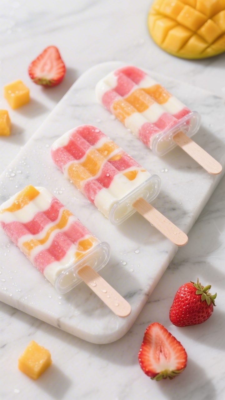 Overhead shot of rainbow fruit and yogurt swirl popsicles on a white marble slab: creamy whole-milk plain yogurt lightly sweetened with honey and vanilla rippled with vivid layers of strawberries and mango chunks, swirled to create pink-red and golden-orange streaks in clear popsicle molds; a few sliced strawberries and mango cubes scattered around, soft natural daylight, minimal props, condensation beading on the frozen pops for a fresh, kid-friendly vibe.