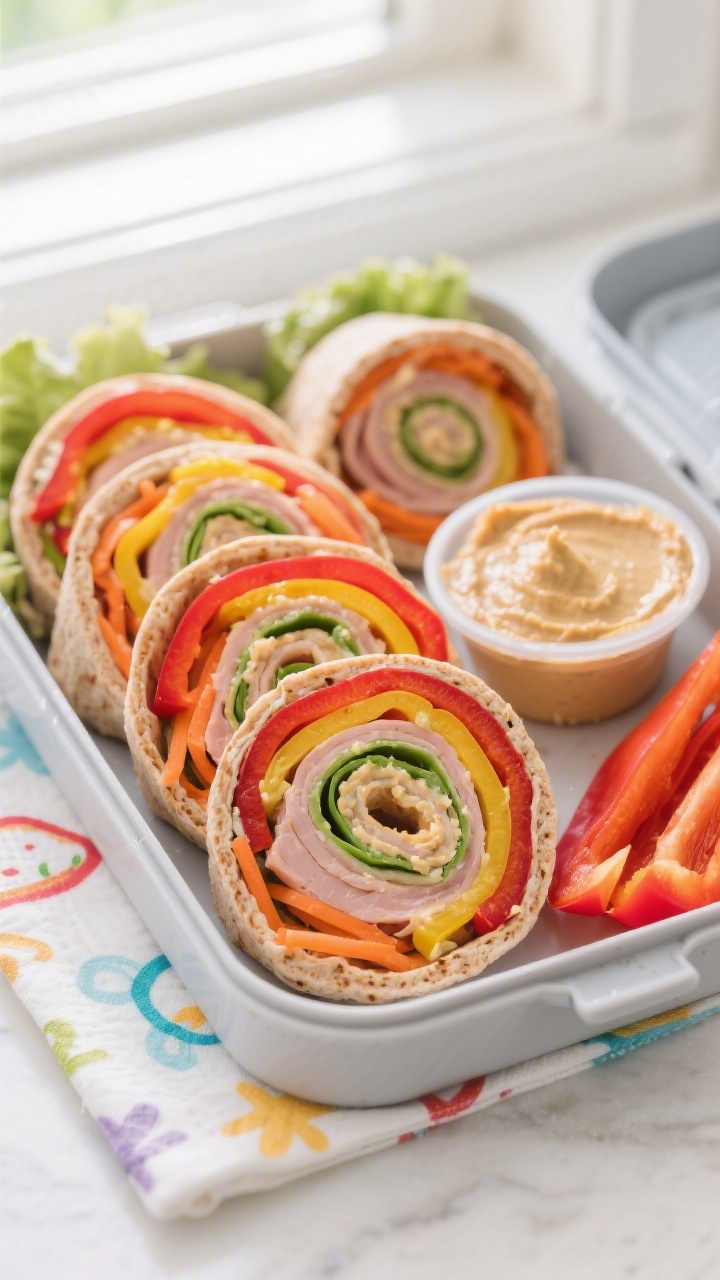 Overhead shot of rainbow turkey pinwheel wraps sliced into neat spirals and arranged in a lunchbox: whole-wheat tortilla swirls layered with creamy hummus, nitrate-free sliced turkey, shredded carrots, and thinly sliced bell peppers in red, yellow, and green, tight crumb and glossy tortilla sheen; include a small container of hummus on the side, a few extra bell pepper strips, and a kid-friendly napkin; bright, natural window light, crisp focus, vibrant colors, no people.