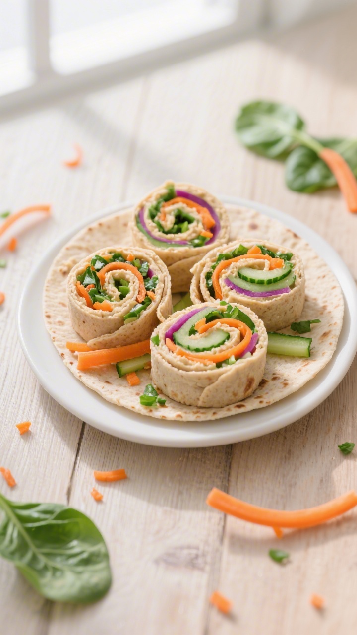 Overhead shot of rainbow veggie hummus roll-ups sliced into toddler-friendly pinwheels, revealing layers of plain hummus, finely grated carrot (orange), tiny-chopped baby spinach (green), and thin cucumber strips inside soft whole-wheat 8-inch tortillas. Arrange the colorful rolls on a small white plate with a few extra ribbons of carrot and spinach confetti around, styled on a light wood surface; soft natural window light, crisp focus on the cross-sections, no people.