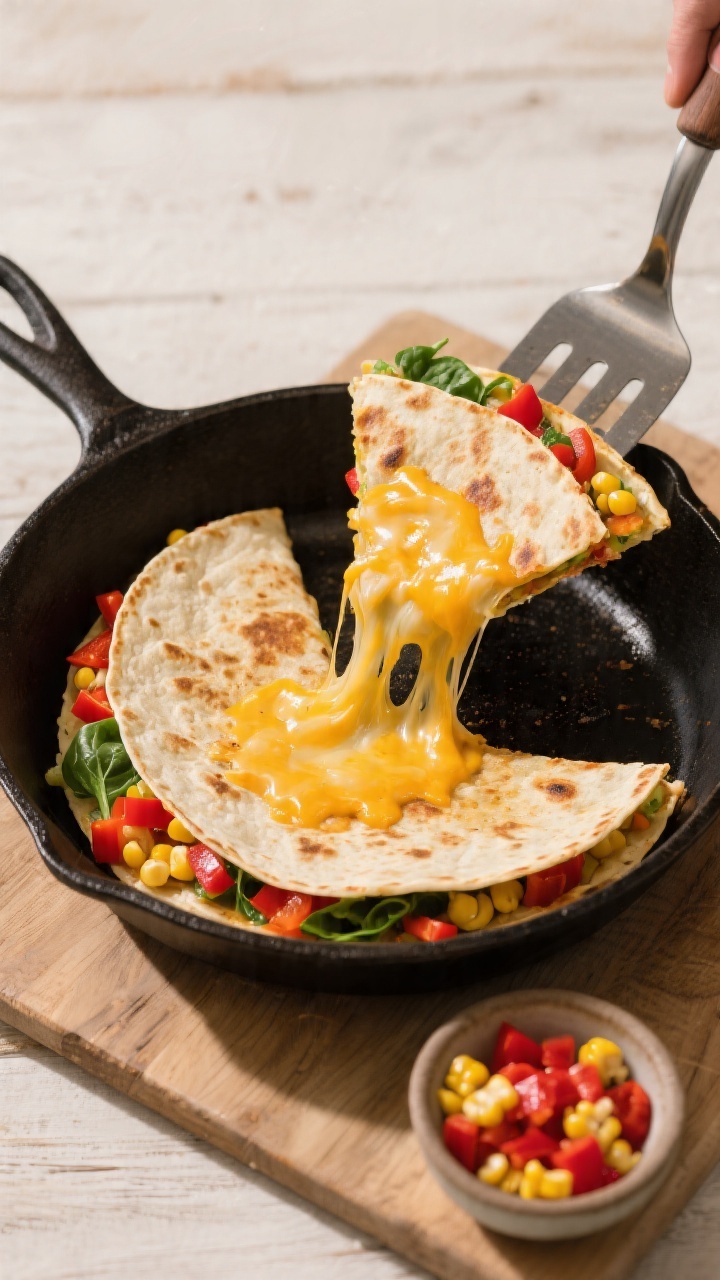 Overhead shot of rainbow veggie quesadillas mid-cook in a cast-iron skillet: golden flour tortillas folded over a melty cheese pull of shredded cheddar/Mexican blend, with finely diced red bell pepper, sweet corn kernels, and chopped baby spinach peeking from the edges; one cut wedge lifted by a spatula to showcase a dramatic cheese stretch; styled on a light wood surface with a small bowl of extra corn and red pepper on the side; vibrant, kid-friendly colors, crisped tortilla texture, soft melted cheese, no people, professional studio lighting.