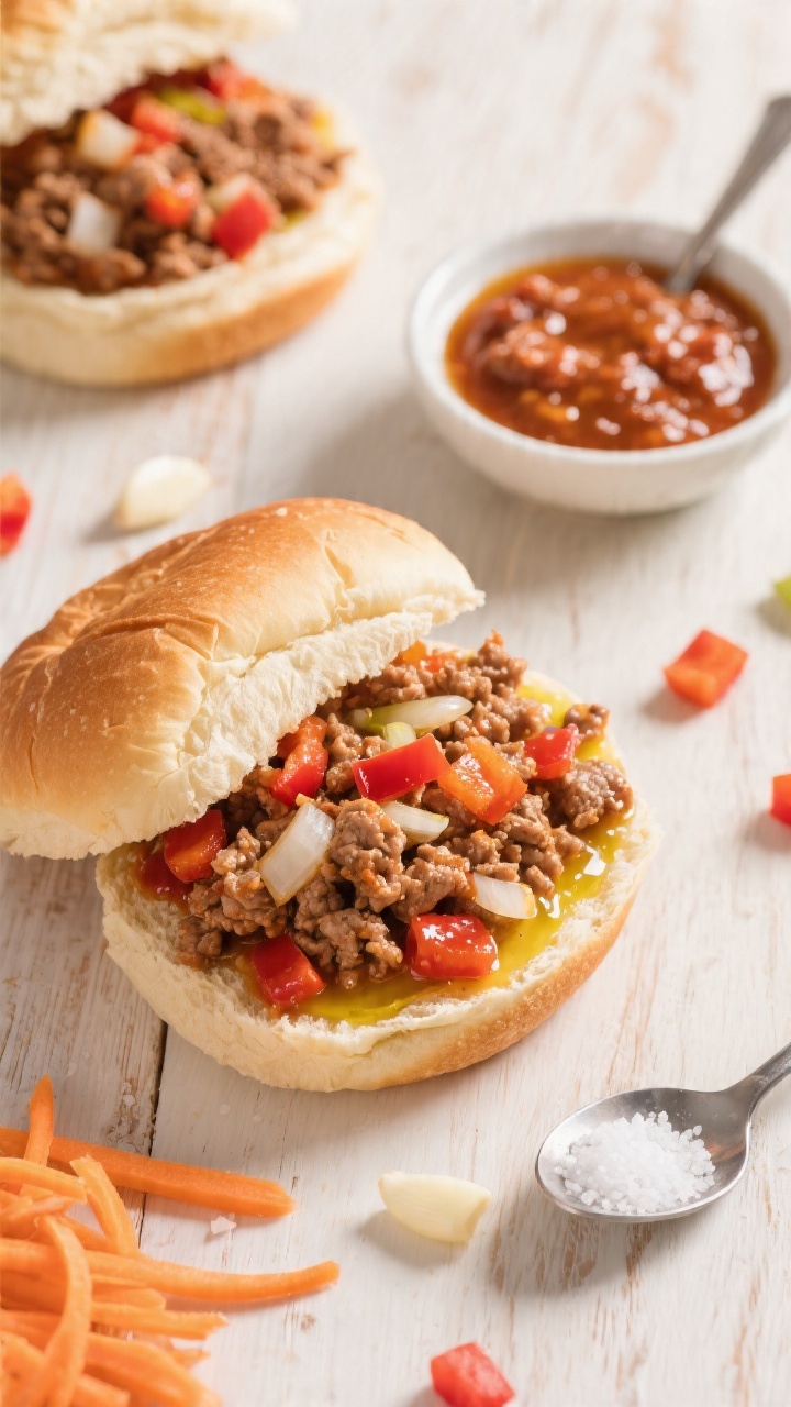 Overhead shot of turkey sloppy joes being assembled: toasted soft buns filled with saucy lean ground turkey mixed with finely chopped onion and red bell pepper, grated carrot, and minced garlic, glistening with olive oil; a small bowl of kosher salt and a spoon with the glossy tomato-tinged turkey mixture nearby; vibrant kid-friendly styling on a light wooden surface with a few carrot shreds and bell pepper dice scattered; no people, crisp natural light, appetizing shine on the filling.
