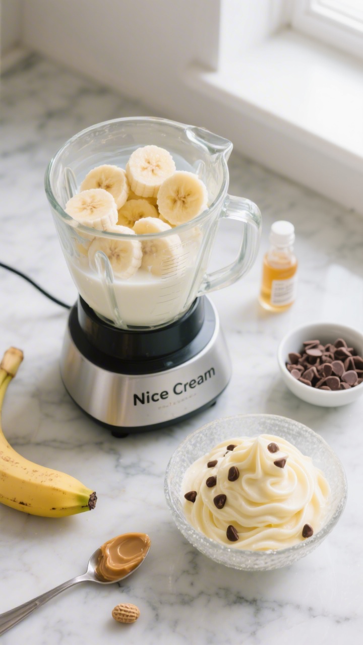 Overhead shot of Two-Ingredient Banana “Nice Cream” being blended: a high-powered blender filled with sliced frozen ripe bananas and a splash of milk, optional mix-ins staged around—vanilla extract in a tiny vial, a spoonful of peanut butter, a small bowl of chopped chocolate chips—on a cool marble surface. Next to the blender, a frosty bowl shows a just-scooped, ultra-creamy banana soft-serve with visible silky swirls, pale yellow color, and a few chocolate chips sprinkled on top. Bright, kid-friendly mood, soft natural window light, crisp textures, no people.