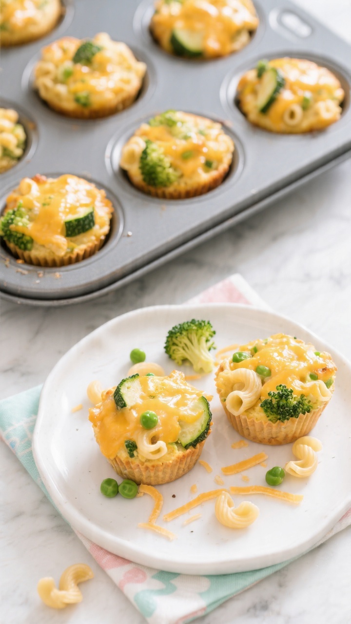 Overhead shot of veggie-packed mini mac ‘n’ cheese muffins cooling in a nonstick muffin tin, golden-cheesy tops with visible green flecks of finely grated zucchini, very finely chopped broccoli florets, and thawed peas tucked among small elbow pasta; extra muffins arranged on a white ceramic plate with a few loose mini shells and a sprinkle of shredded cheese; styled on a light marble surface with a child-friendly pastel napkin; bright, natural light, crisp detail, appetizing melted-cheese sheen.