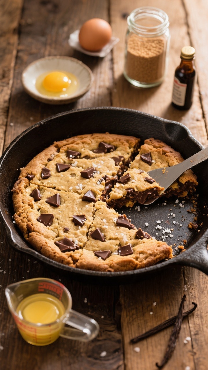 Overhead skillet scene of a giant chocolate chunk cookie baked in a cast-iron pan, sliced into pizza-like wedges; crackly golden surface with pools of melted chocolate chunks, a pinch of flaky salt; props include a measuring cup with melted butter film, light brown and granulated sugar in jars, one whole egg plus an extra yolk in a dish, and a bottle of vanilla extract; rustic wooden table, warm side light, a pie server sliding under one wedge to showcase gooey interior.