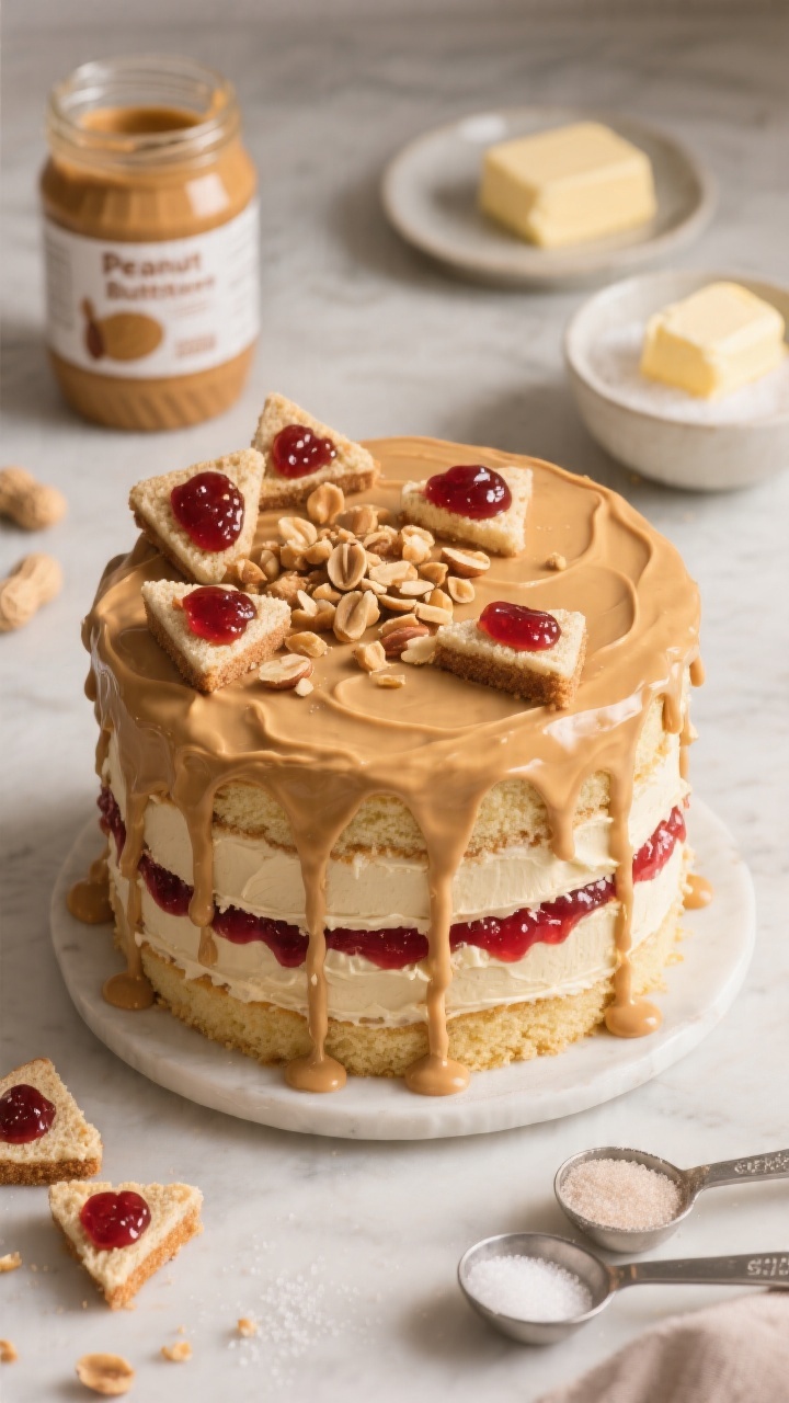 Overhead slice-and-drip hero shot of a Peanut-Butter-and-Jelly drip cake: tall layers of tender vanilla-peanut butter sponge, peanut butter frosting between layers with visible swirls of ruby-red jam; silky peanut butter ganache drip cascading down the sides; top crowned with glossy jam dollops, crushed roasted peanuts, and a few playful mini PB&J sandwich triangles; ingredients in frame—jar of creamy peanut butter, pat of room-temp butter, a bowl of granulated sugar, and measuring spoons for baking powder/soda and salt; warm, inviting tones and soft highlights for irresistibly creamy, nostalgic appeal.