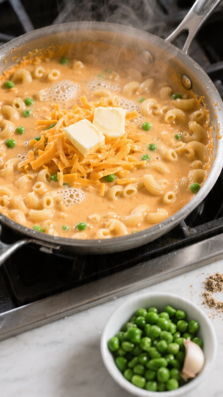 Overhead stove-top process shot of creamy one-pot mac and cheese with peas (no drain): a heavy saucepan with elbow macaroni simmering in a milky water mixture, tiny bubbles around the edges, shredded sharp cheddar and butter pats melting into a glossy orange sauce; a small bowl of bright green peas ready to stir in; salt and a pinch of garlic powder nearby; steam visible, clean minimal background, emphasis on creamy texture.