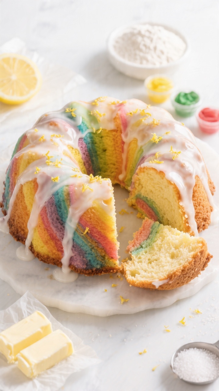 Overhead swirl reveal of a Rainbow Swirl Bundt With Lemon Glaze: the Bundt sliced to show vivid rainbow ribbons inside the tight, buttery crumb; a thin, glossy lemon glaze dripping elegantly down the ridges, catching light; lemon zest sprinkles and tiny bowls of gel food color nearby; ingredients hinted at around the frame—softened sticks of butter on paper, a mound of granulated sugar, all-purpose flour, and measured baking powder/soda and fine salt; bright, clean backdrop, high-key lighting, focus on the marbled interior and glaze sheen.