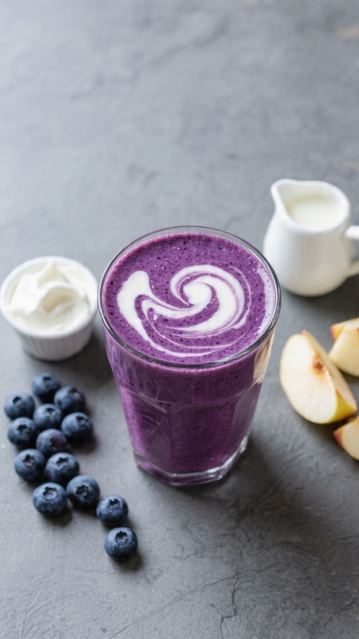 Overhead swirl shot of a Blueberry Yogurt Smoothie mid-prep: deep-purple blueberry blend poured into a clear glass, with a visible creamy Greek yogurt swirl creating a marbled effect; nearby ingredients arranged neatly—fresh or frozen blueberries, a small cup of Greek yogurt, a splash of milk in a mini pitcher, chopped apple pieces; cool-toned styling on a slate-gray surface to make the purple pop, sharp focus on the glossy smoothie surface.