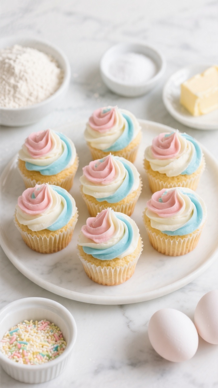 Overhead swirl showcase of Easy Vanilla Cupcakes with 3-Color Buttercream: a cluster of pale-golden vanilla cupcakes with tender crumb, each crowned with a tall tri-color frosting swirl (pastel pink, sky blue, and creamy white) piped in clean ridges; include nearby ingredients that hint at the base—flour, baking powder, fine salt, softened unsalted butter, granulated sugar, and two eggs at room temp—neatly styled in small bowls; minimal sprinkles for accent, white ceramic platter on a light marble surface, bright and airy mood with crisp, professional clarity.