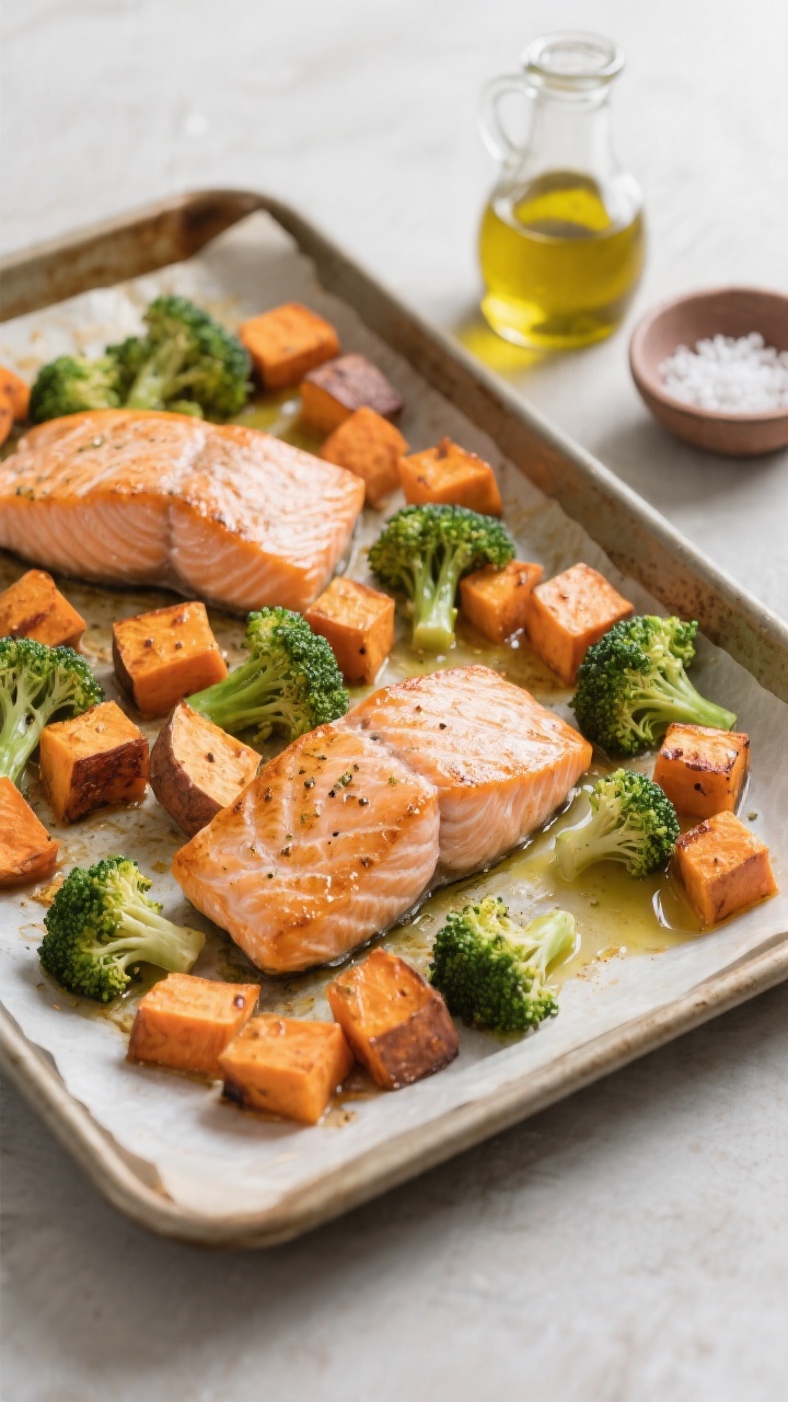 Overhead tray bake composition of salmon, sweet potato, and broccoli: two small salmon fillets with light caramelization and flaky texture, surrounded by 1/2-inch cubes of roasted sweet potato and small broccoli florets, all tossed in olive oil and seasoned lightly with salt and pepper. Serve directly on the sheet pan lined with parchment; a small drizzle of olive oil in a glass cruet and a pinch bowl of flaky salt nearby. Balanced, cozy colors—orange sweet potato, vibrant green broccoli, coral salmon—crisped edges, soft natural light.