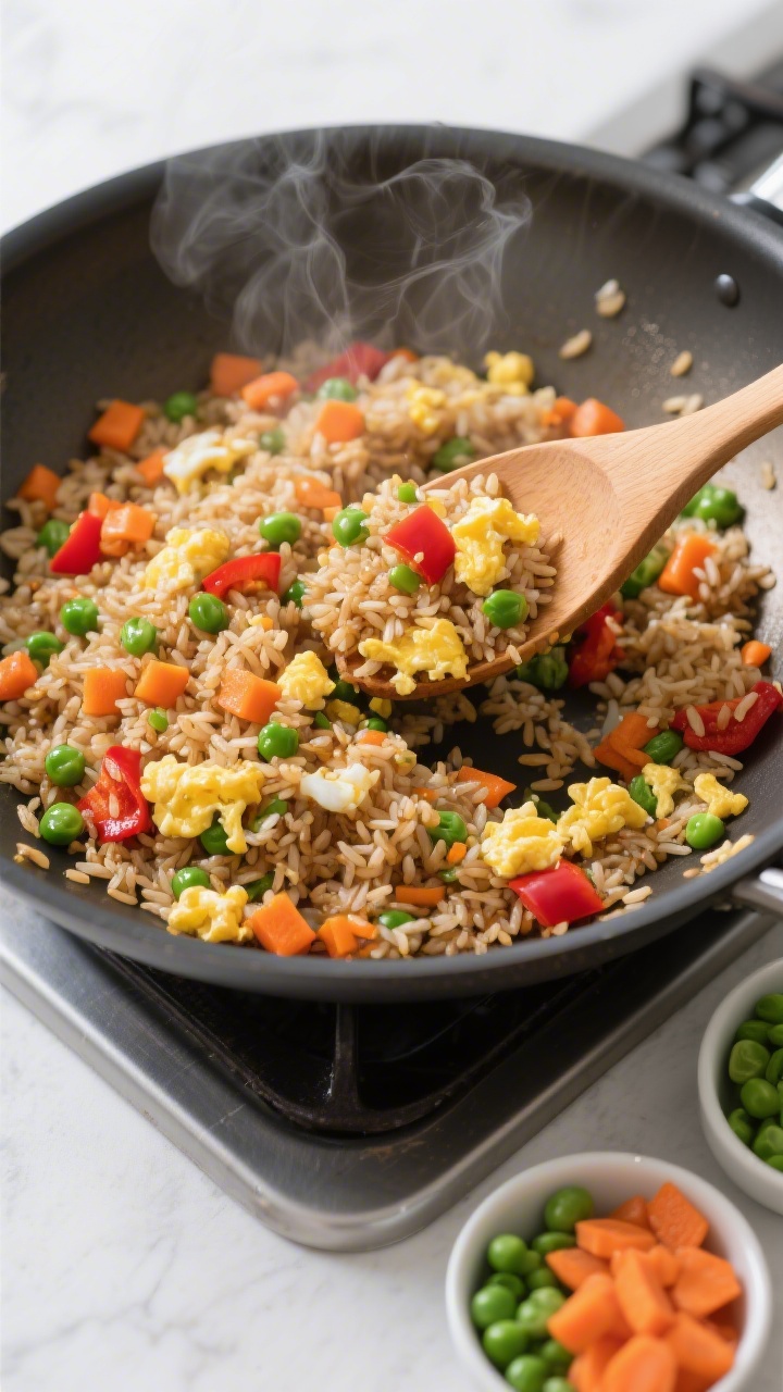 Overhead wok shot of rainbow veggie fried rice mid-stir: cooked and cooled brown or jasmine rice tossed with finely diced carrots, peas, and red bell pepper, tiny soft-scrambled eggs folded throughout. A glossy sheen from neutral oil (avocado or canola), steam rising subtly. Wooden spatula lifting a scoop to reveal distinct grains, pops of orange, green, and red. Minimalist stovetop setting with small bowls holding prepped peas, carrots, and pepper at the edge of the frame. Clean, bright look that feels kid-friendly and vibrant.