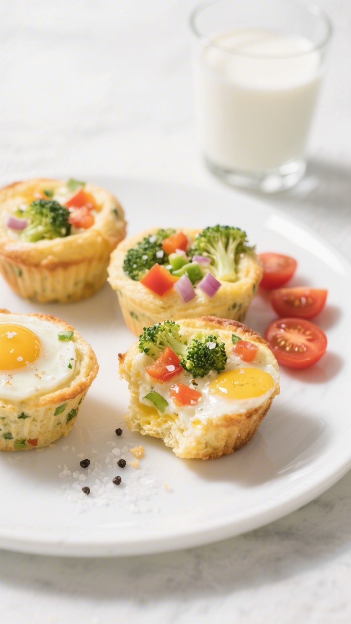 Plated breakfast egg muffins at 45 degrees on a white plate: fluffy, set egg cups studded with finely chopped steamed broccoli, finely diced bell pepper, and tiny onion/herb flecks, seasoned with kosher salt and a hint of black pepper; cut-open muffin shows tender, custardy interior with colorful veggie pockets; a small glass of milk and a few cherry tomato halves nearby, clean bright morning light, crisp focus and inviting, family-friendly styling.