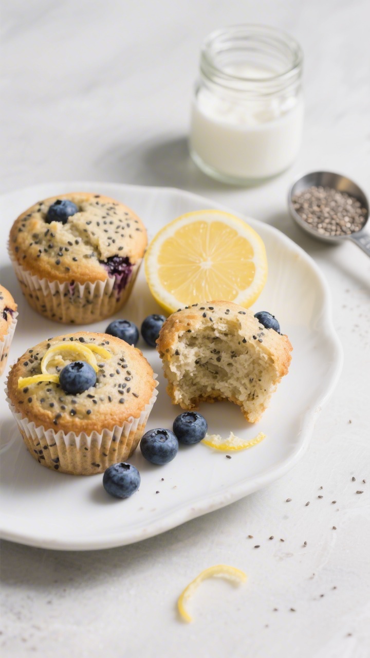 Plated presentation at 45 degrees of Blueberry Chia Yogurt Muffins on a white ceramic plate, bursting blueberries and chia speckles visible, lightly domed tops; lemon zest curls and a halved lemon for a fresh “lemon kiss,” a small bowl of plain yogurt, a jar of sugar, and a measuring spoon of chia seeds in the background; soft natural light, delicate crumb shown in a torn muffin, a few blueberry streaks on the plate for color.