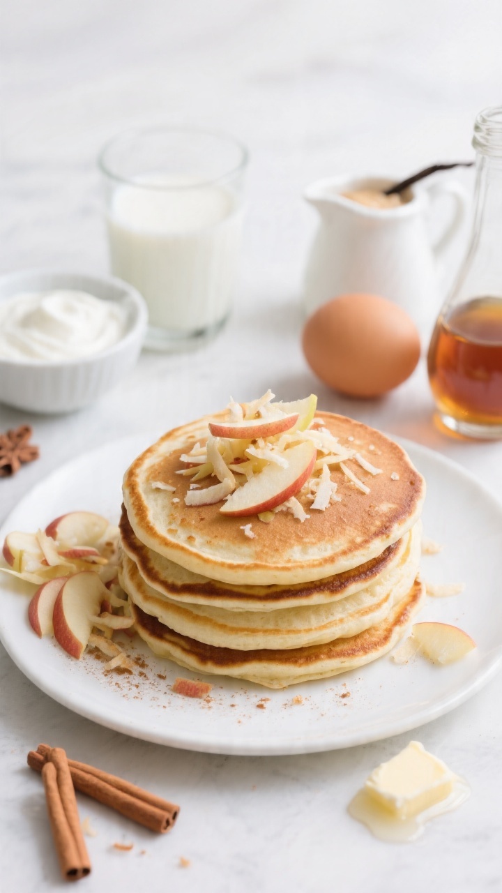 Plated presentation of Apple Cinnamon Yogurt Pancakes: a neat stack on a white ceramic plate, topped with finely grated Gala apple strands and a light cinnamon sprinkle, edges softly browned. Include a small bowl of thick plain whole milk yogurt, a glass of milk, one egg, a bottle of vanilla extract, and a pile of squeezed-dry apple shreds to show prep. Maple syrup in a tiny pitcher, a pat of butter just melting, and a few apple matchsticks scattered. Shot straight-on to highlight fluff and texture, bright, inviting morning vibe.