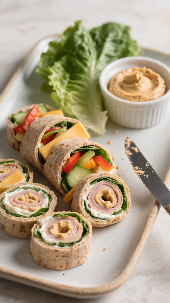 Plated roll-ups at a 45-degree angle on a rectangular platter: whole-wheat tortilla roll-ups sliced into tidy pinwheels that hold together, visible layers of hummus or whipped cream cheese, sliced turkey, mild cheddar/provolone, and colorful veggie strips (e.g., bell peppers, cucumber, spinach); an alternate low-carb version using large lettuce leaves placed alongside; a ramekin of extra hummus, a sharp knife with a few clean crumbs, and neat ends displayed; soft directional light, crisp focus highlighting layers and fresh colors.