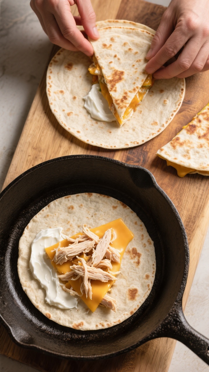 Process-focused overhead flat lay of soft chicken quesadilla triangles being assembled: two small flour tortillas on a cast-iron skillet, one open-faced with a thin swipe of plain Greek yogurt as a hidden veggie-style spread, evenly scattered finely shredded rotisserie chicken and mild cheddar/Monterey Jack; another tortilla already folded and lightly toasted with melted cheese peeking from the edge; finished triangles on a nearby wooden board with gooey melt and soft, pliable tortillas; warm tones, no hands, tidy mise-en-place.