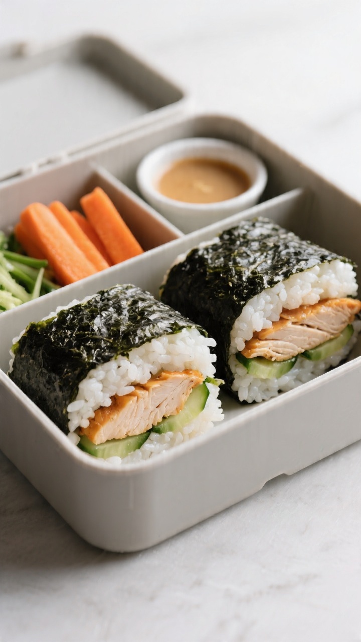Straight-on bento box composition for Build-Your-Own Bento: Chicken Sushi Sandwiches and Crunchy Veggie Sides—nori-wrapped rice sandwiches (onigirazu) cut to show layers of seasoned short-grain rice (rice vinegar, sugar, salt), cooked chicken, and thin cucumber slices; compartments with carrot sticks and crisp veggie sides, a small container of soy or mild dipping sauce; clean lines, high contrast between inky nori and white rice, minimal modern background, sharp, appetizing detail.