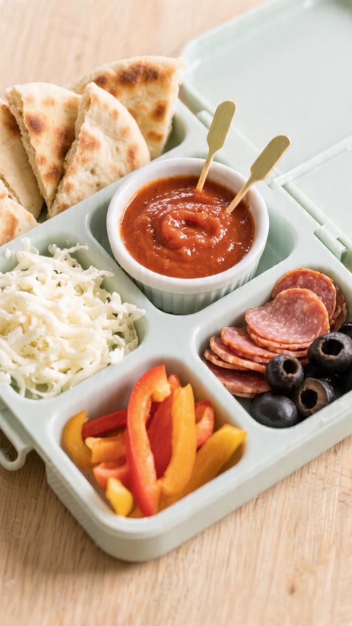 Straight-on bento-box layout for Pizza Dippers: compartments holding warm mini naan breads cut into wedges (or halved whole-wheat pitas), a ramekin of glossy marinara/pizza sauce, a mound of shredded mozzarella, neat piles of turkey pepperoni slices and sliced black olives, plus a small compartment of bell pepper strips for color. Clean lunchbox on a light wood surface, sharp focus, playful yet tidy styling, emphasis on DIY assembly.