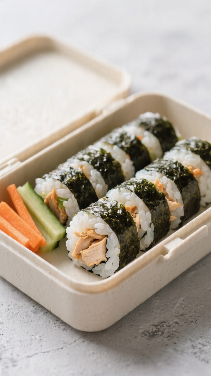 Straight-on bento box presentation of chicken sushi rolls: tight maki made with short-grain rice seasoned with rice vinegar, a touch of sugar, and salt, rolled in nori and filled with finely shredded cooked chicken. Clean cuts show the tidy white rice and chicken core; include a small section with cucumber sticks and carrot matchsticks for color. Minimalist Japanese-inspired styling on a pale slate, soft daylight, emphasis on neat geometry and glossy nori texture.