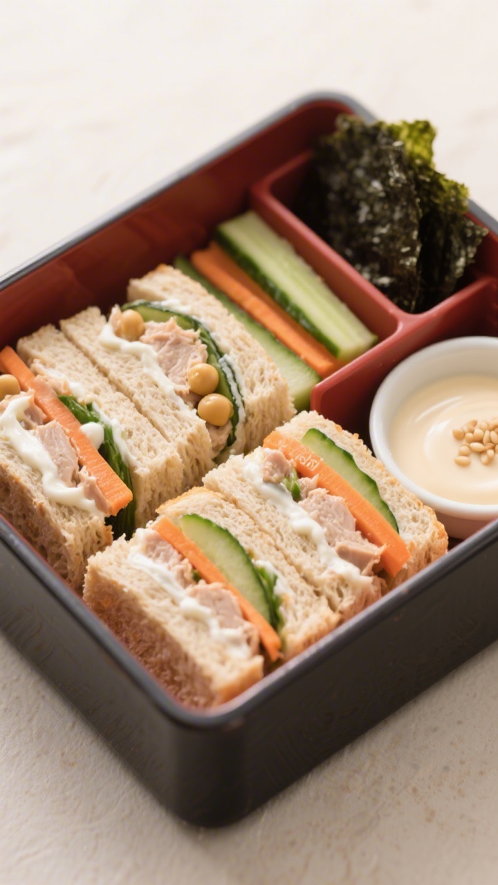 Straight-on bento-style presentation of DIY Sushi Sandwich Squares: soft whole-wheat bread pressed flat and rolled, then sliced into clean squares with tuna-and-Greek-yogurt filling (optionally label a row as chickpea for vegetarian), tidy stripes of cucumber matchsticks and thin carrot ribbons inside for sushi-like color. Arrange in a lacquered bento box with neat rows, a small divider of nori strips on the side, and a tiny container of light soy or sesame yogurt dip. Neutral backdrop, crisp styling to emphasize clean edges and playful “sushi” look.