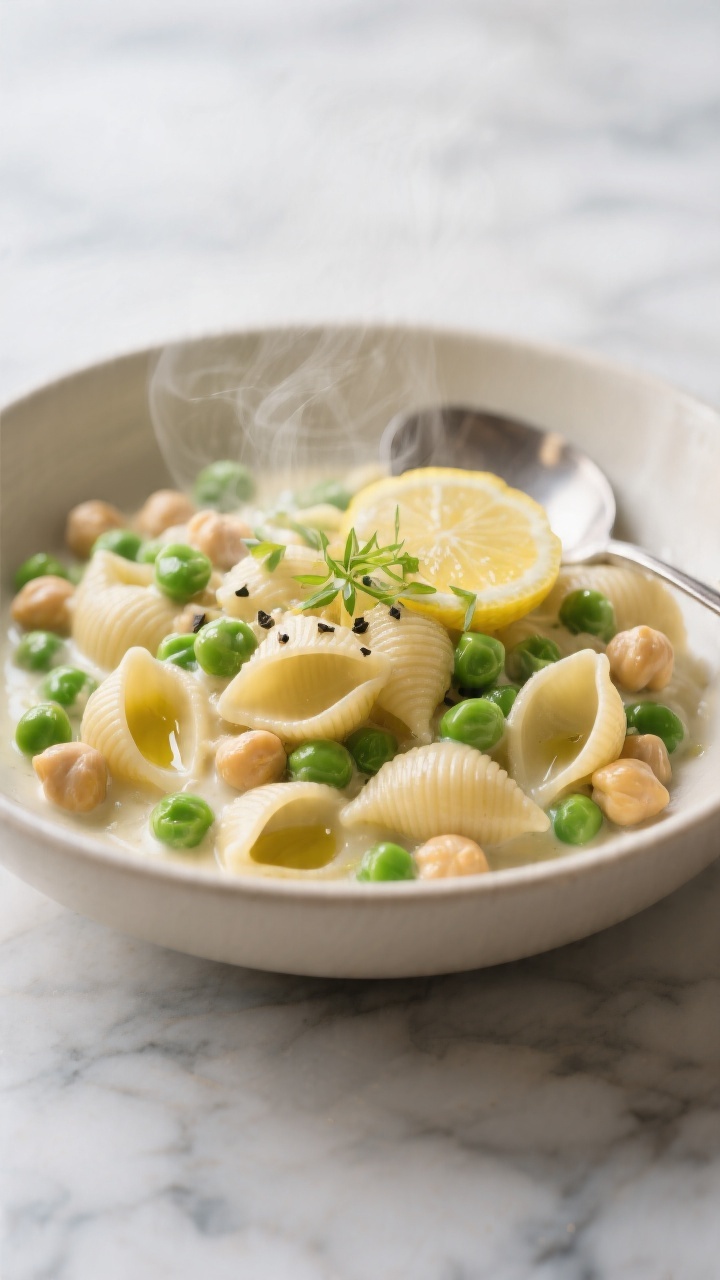Straight-on bowl shot of Creamy Chickpea Pasta With Peas And Lemon: small pasta shapes (mini shells) coated in a silky, light cream made from unsweetened milk and blended chickpeas, studded with bright green peas and whole chickpeas; finished with a glossy drizzle of olive oil, micro zest of lemon, and a twist of black pepper; served in a matte cream bowl on a marble surface, steam gently rising, spoon resting at the side, soft daylight for a cozy, nourishing feel.