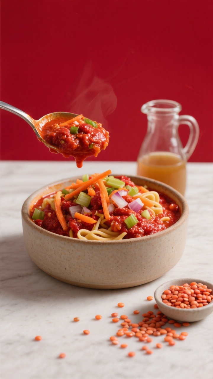 Straight-on close-up of a veggie-packed lentil pasta “Bolognese” sauce simmering in a small crock: tender red lentils melding into a rich red low-sodium marinara, flecked with finely grated carrots and finely chopped onions and celery; a ladle lifting the thick, saucy texture with a gentle sheen; a small carafe of vegetable broth and a handful of dry red lentils scattered nearby; clean, modern background, saturated reds and oranges, appetizing gloss.