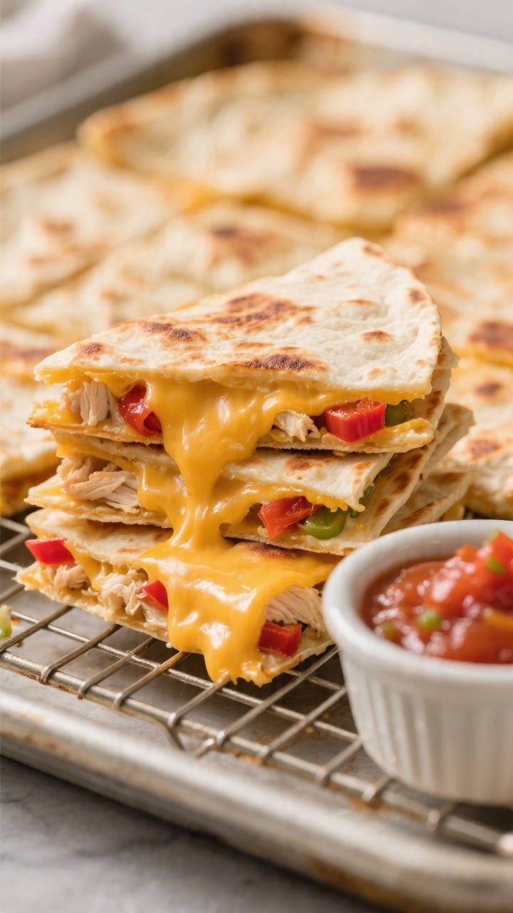 Straight-on close-up of cheesy sheet-pan quesadilla squares just cut, revealing gooey melted mild cheddar/Mexican blend stretching between layers of flour tortillas. Hidden veg includes very finely minced red bell pepper and optional ultra-fine rotisserie chicken, barely visible but adding color and texture. Squares stacked on a wire rack over a sheet pan, edges crisp and golden. Minimal garnish, kid-friendly vibe, warm tones, controlled shine, side ramekin of smooth salsa for color (not chunky), professional lighting emphasizing the cheese pull and toasty tortilla blistering.
