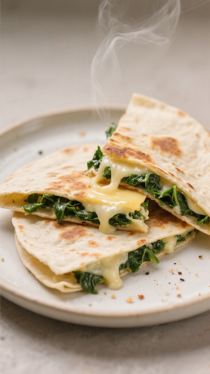 Straight-on close-up of cheesy spinach quesadilla wedges on a small toddler plate: an 8-inch soft flour tortilla folded and crisped in butter, oozing melted mozzarella with finely chopped baby spinach evenly distributed; wedges slightly pulled apart to show stretchy cheese, a few flecks of optional mild seasoning; served on a neutral backdrop with a faint wisp of steam and tidy crumbs to emphasize warmth and freshness.