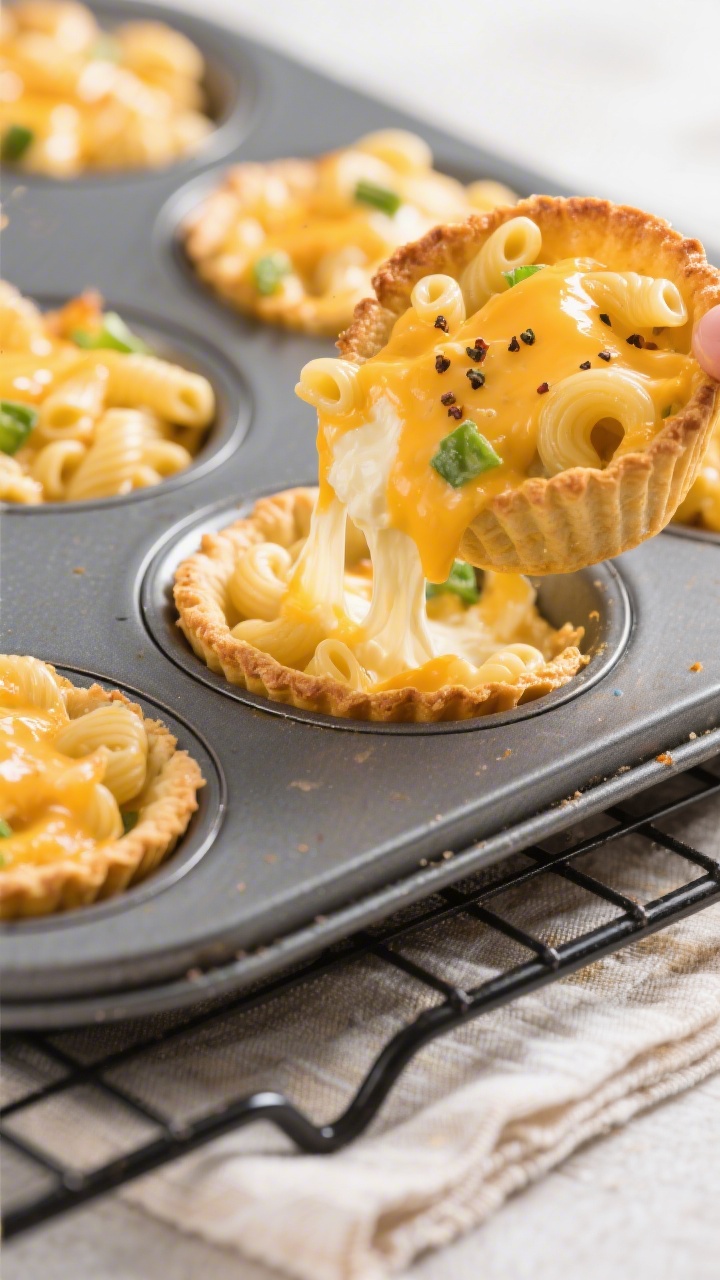 Straight-on close-up of cheesy veggie mac cups in a muffin tin: individual golden-edged mac-and-cheese nests made from small elbows, a creamy cheddar and cream cheese sauce (milk-based roux) clinging to pasta, lightly bronzed tops; one cup lifted to reveal stretchy melted cheese strands, faint pepper flecks, and tiny green veggie specks; placed on a cooling rack with a folded linen, bright family-friendly vibe, sharp focus on glossy cheese.