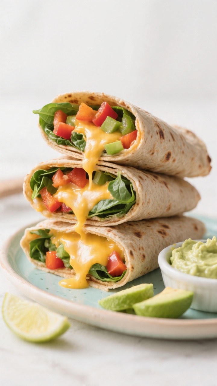 Straight-on close-up of cheesy veggie quesadilla roll-ups stacked neatly on a small kid-friendly plate: tightly rolled whole-wheat tortillas with melted mozzarella/Monterey Jack oozing at the edges, visible fine dice of bell pepper and baby spinach tucked inside. A small dish of creamy avocado dip sits beside, with a few avocado slices and lime wedge in frame. Cheese pulls and glossy tortilla sheen emphasized; background simple and bright to highlight the playful roll-up shape.