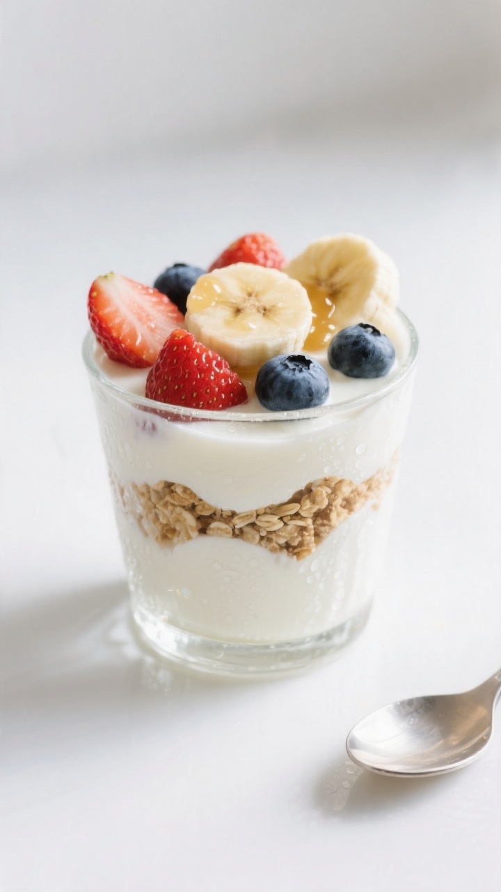 Straight-on close-up of creamy yogurt parfait cups layered in small clear tumblers: whole milk plain yogurt gently sweetened with a drizzle of honey or maple syrup, topped with very soft diced fruit—ripe strawberries, banana slices, and blueberries—plus a “sneaky crunch” layer of fine crushed low-sugar cereal or granola dust; soft, rounded spoon marks in the yogurt, condensation on the glass, set against a bright white background for a fresh morning mood.