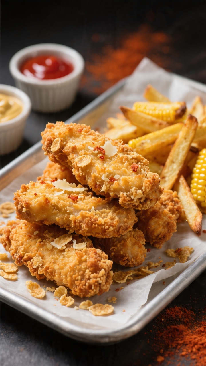 Straight-on close-up of crispy oven-baked chicken tenders stacked on a parchment-lined tray, ultra-crunchy coating made from crushed cornflakes, panko breadcrumbs, grated Parmesan, and sweet paprika, with visible golden crumb texture. On the side, sweet corn “fries” cut into batonettes, lightly roasted with a touch of oil and salt. Small ramekins of honey-mustard and ketchup in the background, a dusting of paprika on the surface, high-contrast lighting to accentuate crunch and warmth.