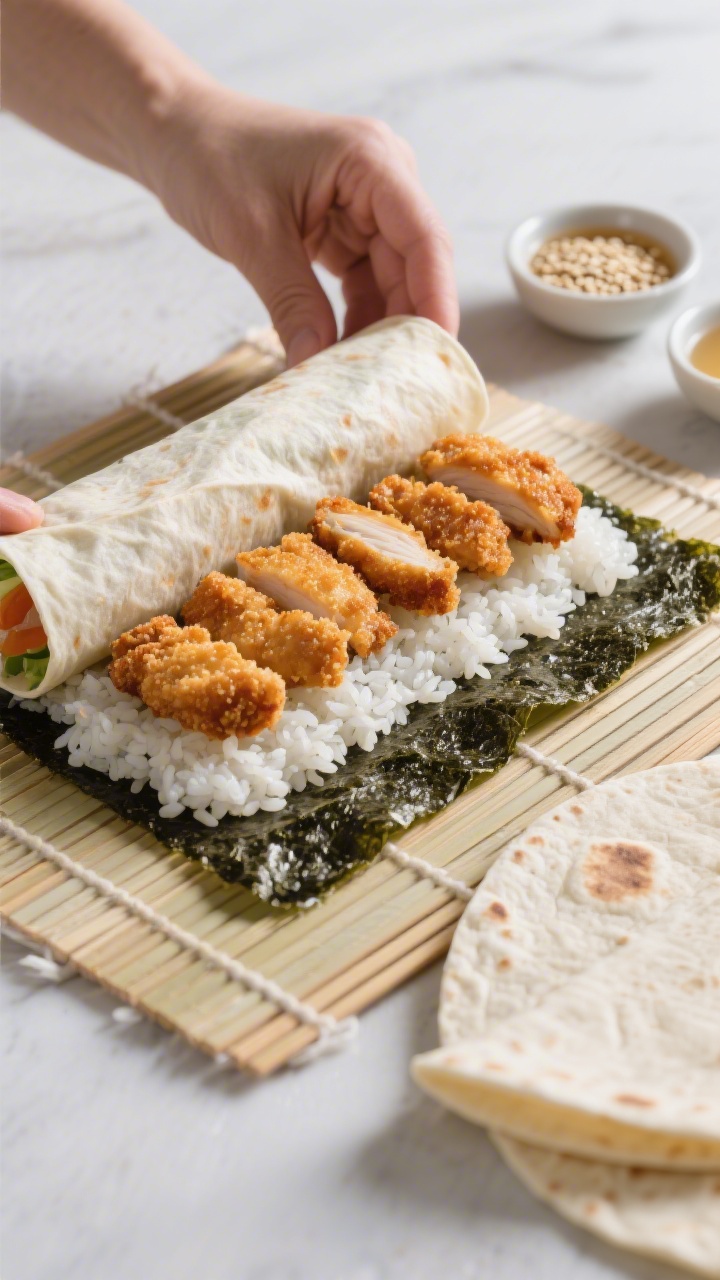 Straight-on close-up of Crunchy Chicken Sushi Wraps being assembled: a bamboo mat with a sheet of nori spread with glossy sushi rice seasoned with rice vinegar, sugar, and salt; a line of crispy chicken tenders at the center ready to roll, with an alternative flour tortilla option visible to the side; small bowls of rice vinegar mixture and sesame seeds in frame; clean, modern styling, high contrast to emphasize crisp breading and pearly rice grains, no hands, process-focused.