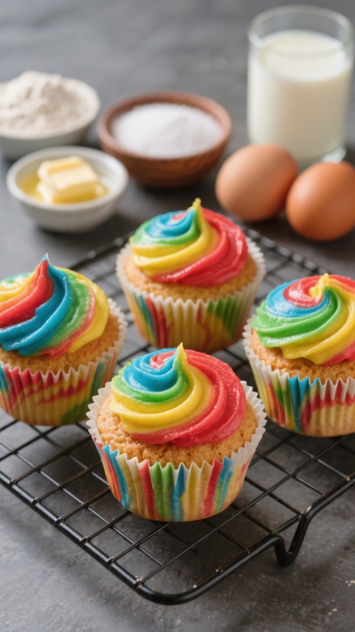 Straight-on close-up of easy mix-and-pour rainbow swirl cupcakes on a cooling rack, paper liners showing vibrant marbled batters of red, blue, yellow, and green, domed tops with a tender crumb; small bowls of all-purpose flour, granulated sugar, baking powder, fine salt, melted unsalted butter, two eggs, and milk displayed blurred in the background; glossy, saturated colors, clean modern styling, emphasis on the smooth swirl pattern and moist texture.
