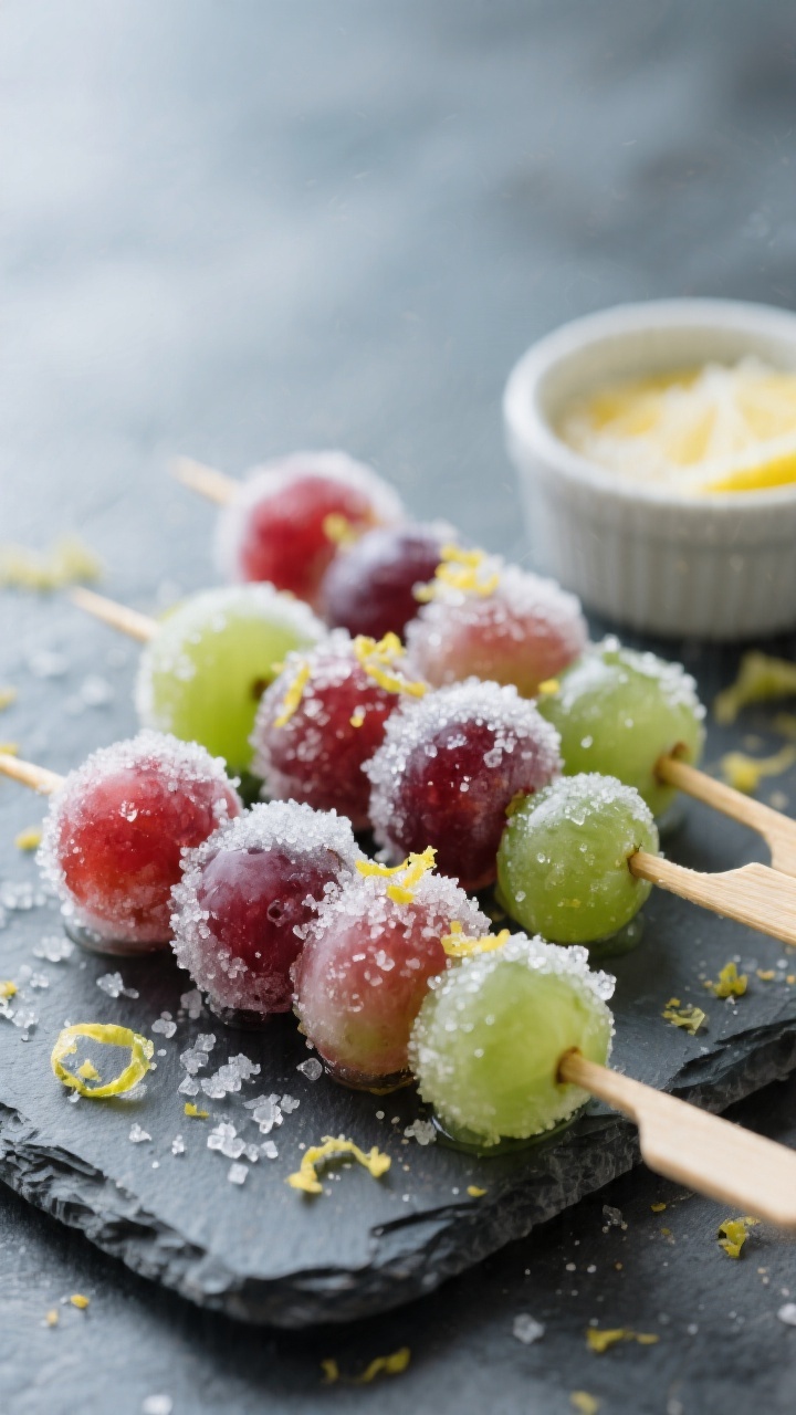 Straight-on close-up of Frozen Grape Skewers With Fizzy Citrus Dust: frosty red and green seedless grapes threaded on short wooden skewers, crystals of granulated sugar clinging to the icy skins, lightly dusted with ultra-fine lemon and lime zest and a pinch of citric acid for a sparkling, fizzy look. The skewers rest on a chilled slate with scattered zest curls and a small ramekin holding the citrus-sugar mix. Cool-toned lighting to emphasize frost, tight macro focus on the icy texture and glittering sugar, background softly blurred.