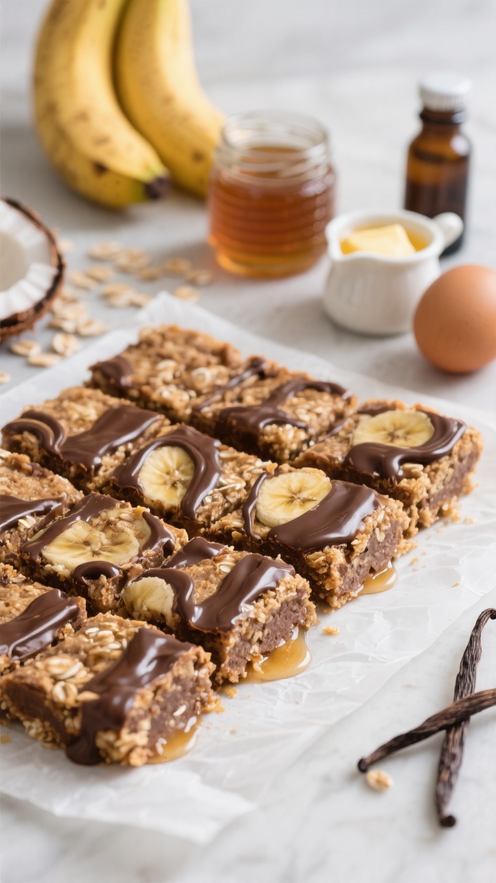 Straight-on close-up of no-fuss banana oat bars cut into neat squares on a parchment-lined slab, glossy chocolate swirls marbled across the top. Visible hearty oat texture with mashed banana moistness, a drizzle of honey pooling lightly at the edges, and a hint of coconut oil sheen. Include a small cluster of ingredients in the background: very ripe bananas, a jar of honey or maple syrup, a pat of melted coconut oil/butter in a tiny pitcher, a vanilla bottle, and one egg nearby (optional). Soft, natural light and shallow depth of field to highlight the fudgy, wholesome crumb.