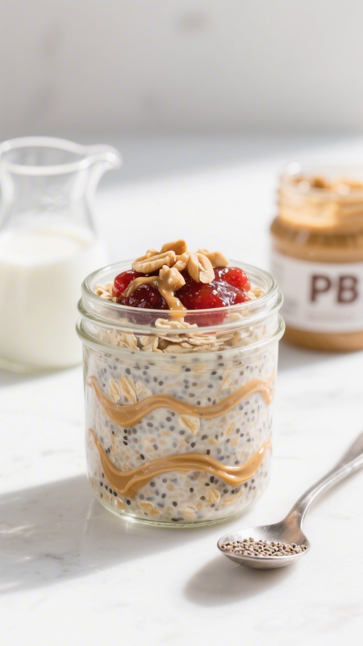 Straight-on close-up of PB&J Overnight Oats layered in a clear jar: thick rolled oats and chia seeds soaked in creamy plant milk, swirls of peanut butter ribboned through, glossy strawberry jam dolloped on top, drizzle of maple syrup and a few crushed peanuts for texture, a spoon leaning against the jar with a little scoop showing the chia-studded creaminess, background includes a small pitcher of oat milk and a jar of peanut butter, clean, bright morning light on a white surface.