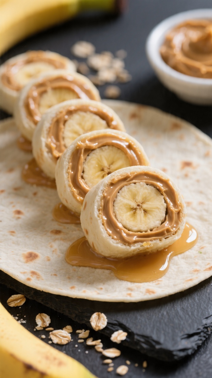 Straight-on close-up of peanut butter banana “sushi” rolls: a soft flour tortilla spread with a glossy layer of peanut butter, whole banana rolled inside, sliced into thick coins, each piece showing a spiral of tortilla around banana; a light drizzle of honey on a few pieces for shine, neatly arranged on a matte black slate with a few oat crumbs and a small dish of peanut butter off to the side; bright, playful vibe, crisp detail on creamy and soft textures.