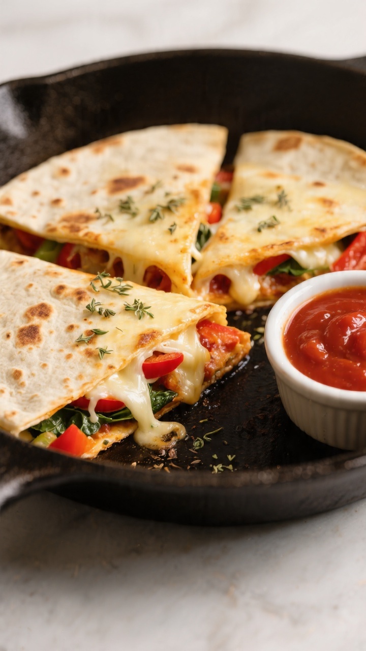 Straight-on close-up of skillet pizza quesadillas sizzling in a cast-iron pan: golden, spotty-crisp flour tortillas folded into half-moons, gooey strands of melted mozzarella stretching from a cut edge, red ribbons of pizza sauce peeking out; finely chopped bell pepper and flecks of spinach tucked inside, a light sprinkle of dried oregano on top; side ramekin of extra pizza sauce for dipping; shallow depth of field with molten cheese gloss and browned bubbles, cozy weeknight feel.