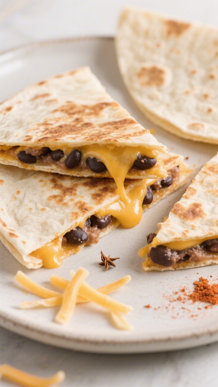 Straight-on close-up of speedy bean quesadilla fold-ups cut into tiny triangles: lightly browned flour tortillas with a gooey mild cheddar melt and a creamy layer of refried (or mashed black) beans seasoned with mild taco spice; cheese pull visible at the cut edges, a small pinch of cumin and paprika sprinkled on a plate edge; served on a neutral plate with a few scattered shredded cheese strands and a folded tortilla in the background, clean kid-friendly presentation, bright even lighting.
