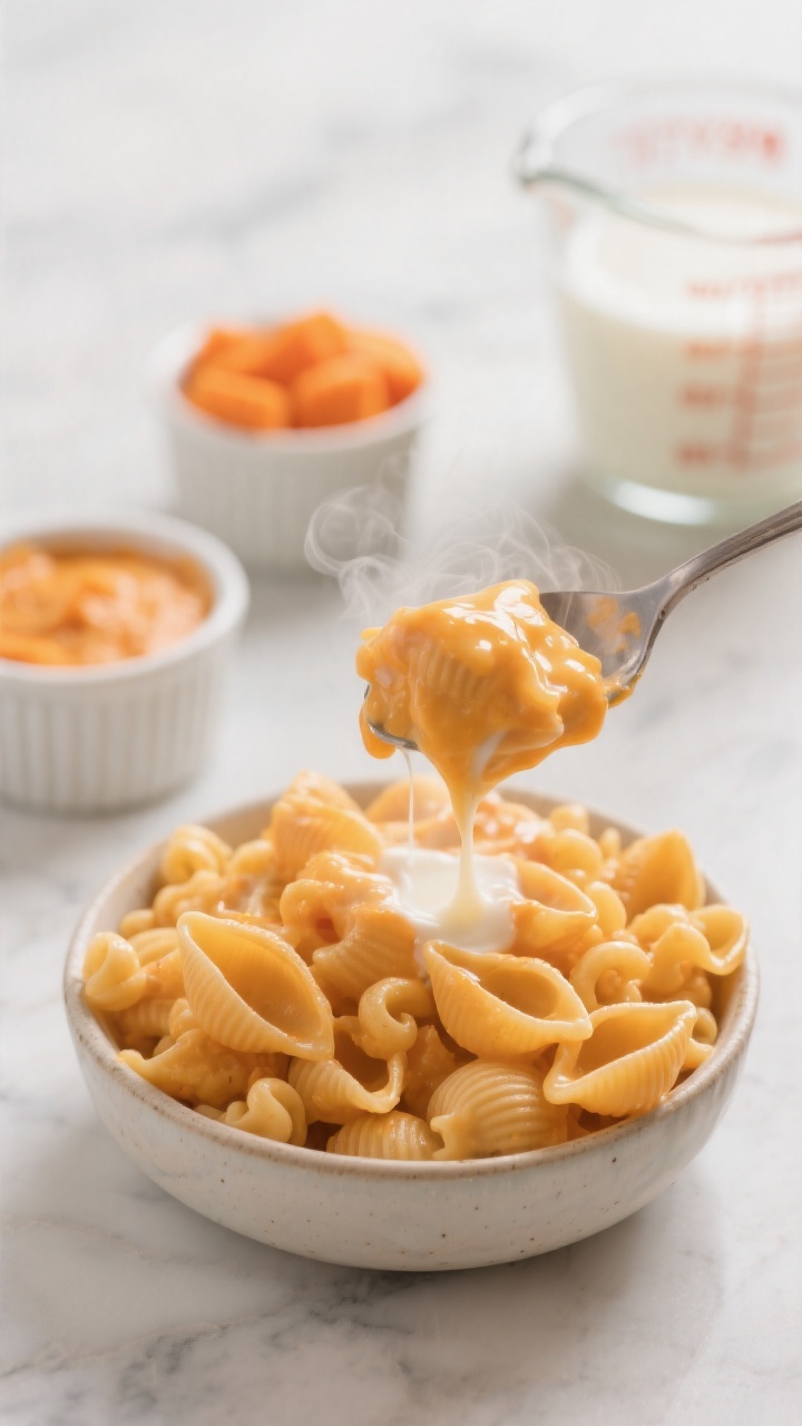 Straight-on, close-up of ultra-creamy hidden-veggie mac and cheese scooped into a small toddler-friendly bowl: small pasta shells coated in a velvety sauce made from milk, low-sodium broth, butternut squash puree, and carrot puree, showing a naturally deep golden-orange hue; a glossy cheese pull off a spoon, steam visible; set on a neutral marble surface with small ramekins of butternut squash and carrot purees and a measuring cup of milk subtly blurred behind, bright family-friendly mood.